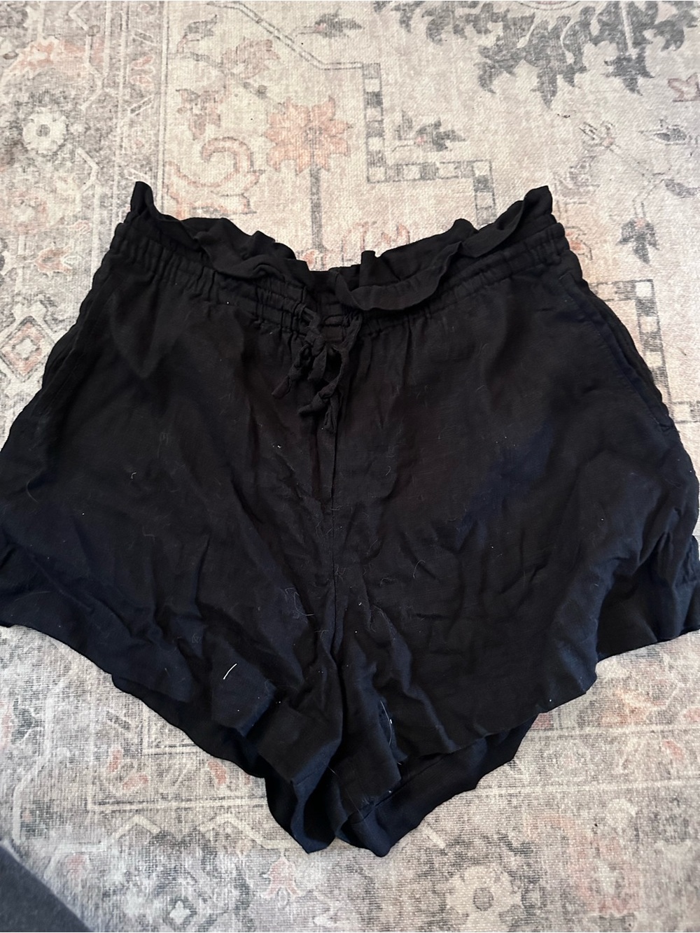 H&M Black High-Waist Ruffle Tie-Front Linen-Blend Shorts